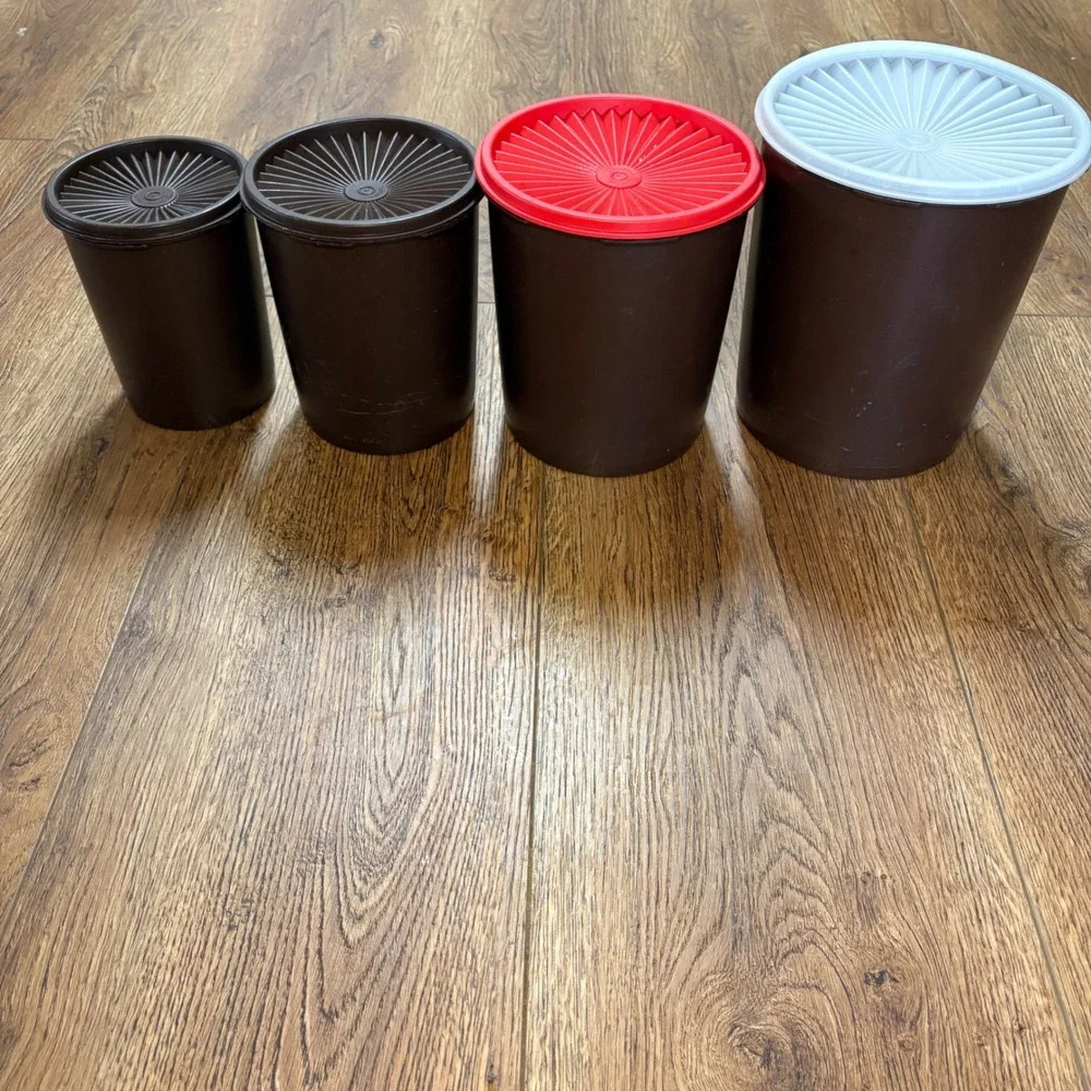 Tupperware Servalier 4 Pc Nesting Canister Mushroom Set Brown w/Lids VTG 70s USA